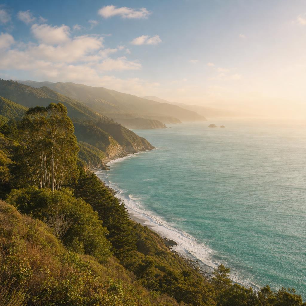 Golden morning light over the California coastline, a serene view representing calm and clarity